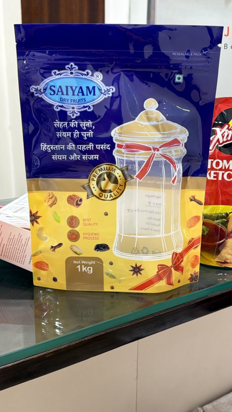 Resealable stand-up pouch printed for a dry fruits brand.