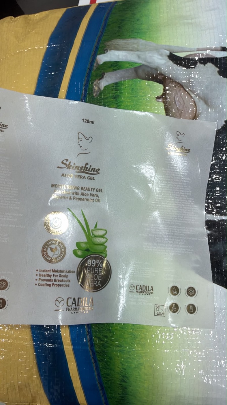Foil-accented label printed for an aloe vera gel.