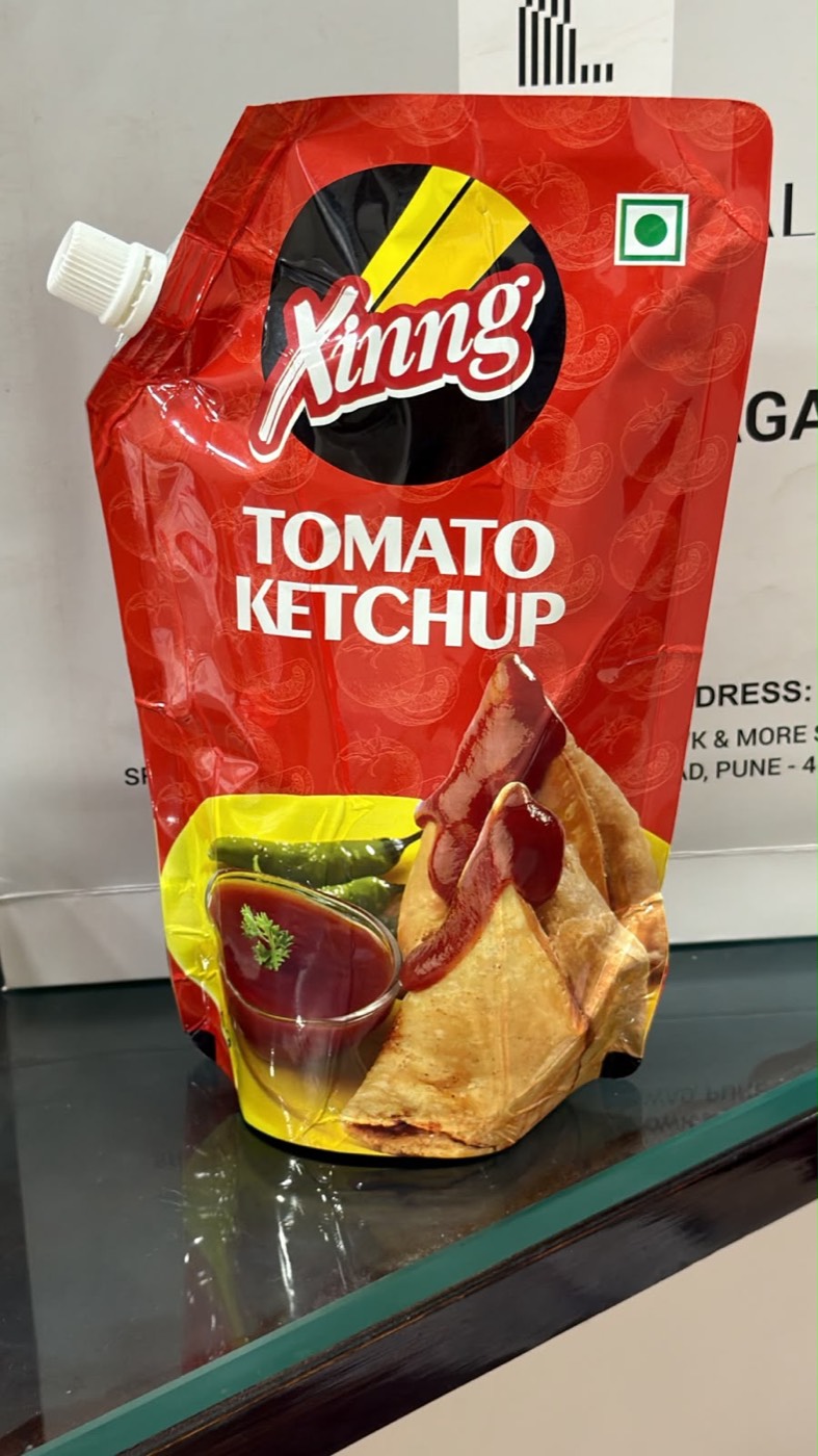 Spout pouch printed for tomato ketchup.